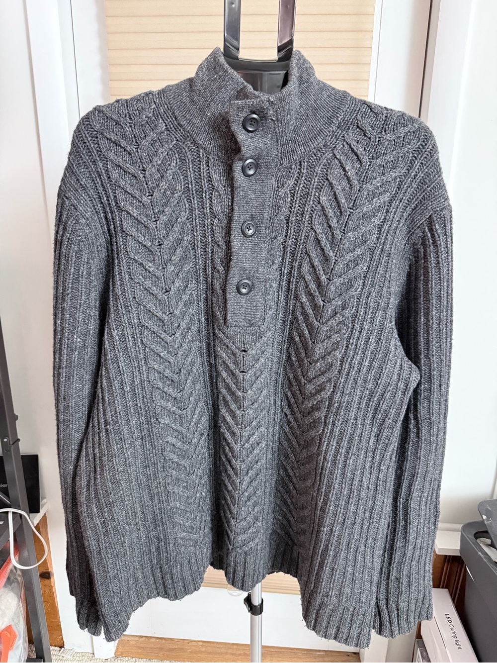 Fisherman Heritage charcoal gray cable knit mock neck button pullover sweater